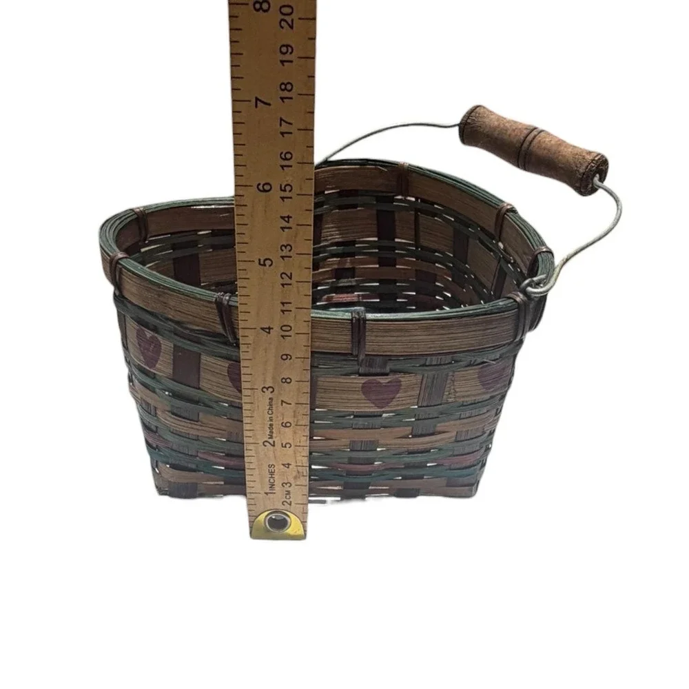 Vintage Heart Shaped Woven Basket Wood Handle Primitive Farmhouse Cottage Decor